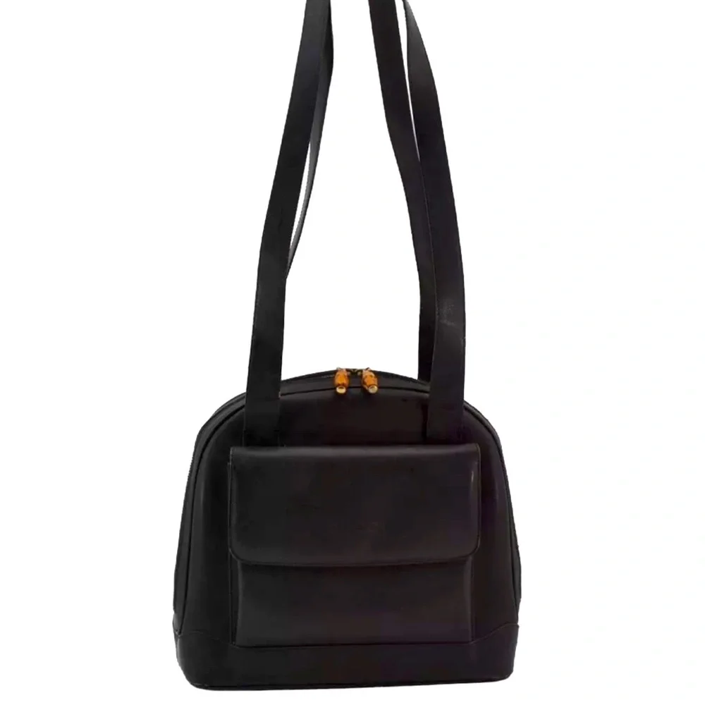 Authentic GUCCI Vintage Bamboo Shoulder Bag Purse Leather Black - Picture 1 of 15